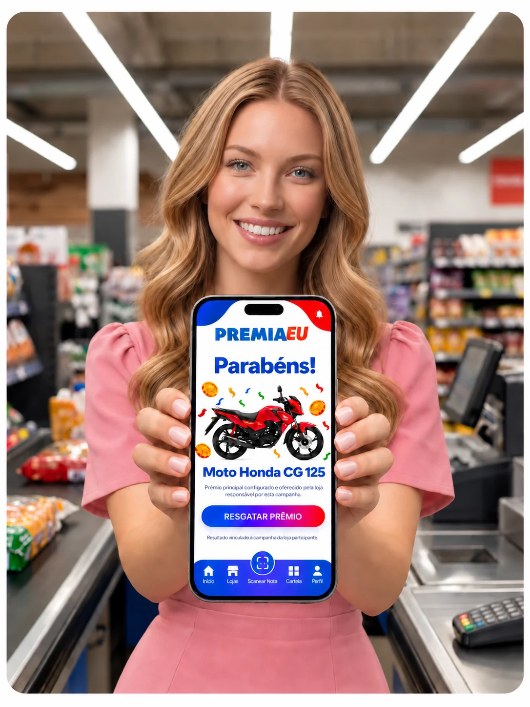Mulher apresentando prêmio PREMIAEU no supermercado